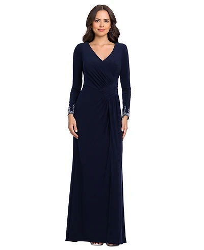 Betsy & Adam Women's V-Neck Gown with Embellished Cuff