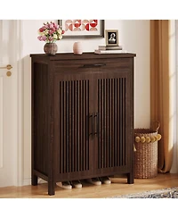 Tribesigns 5-Tier Shoe Cabinet,Shoe Storage Cabinet with Louvered Doors and Drawer, Freestanding Wooden Rack Organizer Adjustable Shelves