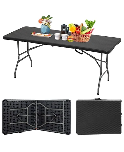 Aofar 6 Feet Folding Table Portable Plastic Steel Frame Lock Carry Handle Black Ratten