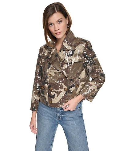 Dkny Jeans Women's Sequin Double Breasted Button Front Trench Jacket