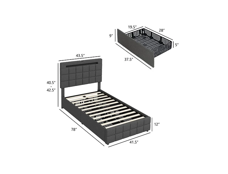 Upholstered Led Bed Frame with Headboard and 4 Drawers