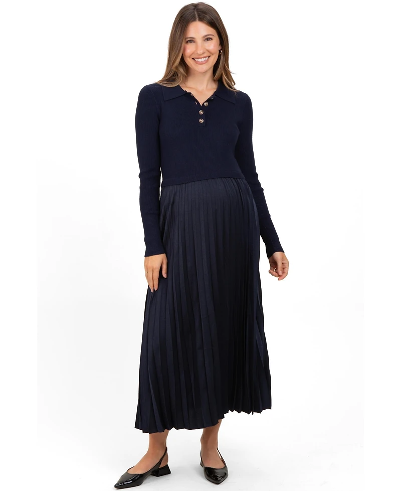 Pinkblush Women's Navy Collared Knit Contrast Pleated Skirt Midi Dress
