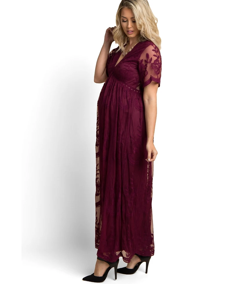 Pinkblush Women's Burgundy Lace Mesh Overlay Maxi Dress