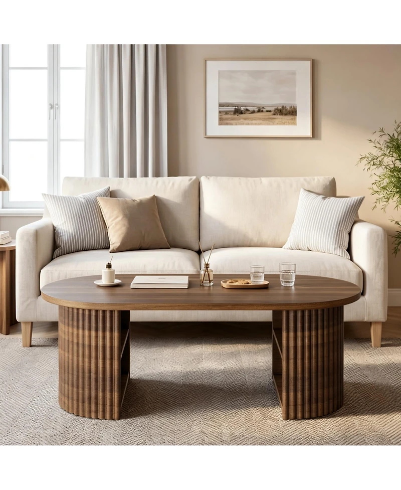 gaomon 39" Oval Fluted Coffee Table, Farmhouse Wood Coffee Table Mid Century Modern Center Table Boho Living Room Tables for Living Room, Home Office