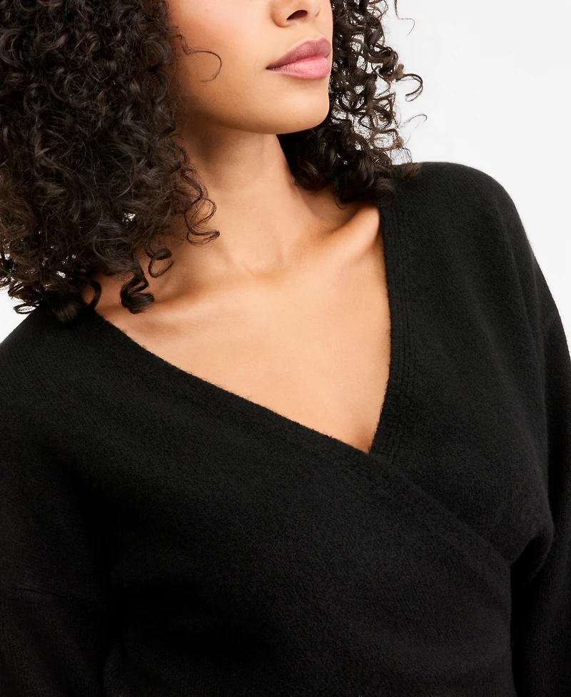 Bar Iii Women's Sculpted Surplice Long-Sleeve Ribbed-Knit Sweater, Macy's Exclusive
