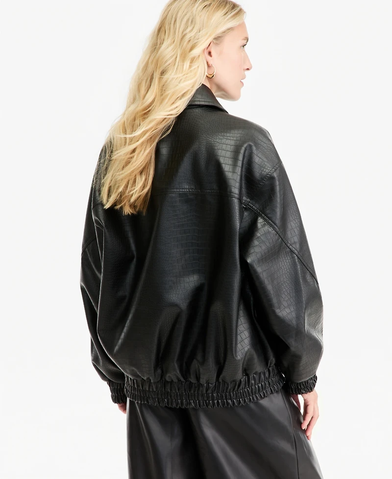 Bar Iii Women's Croc-Embossed Faux-Leather Oversized Bomber Jacket, Macy's Exclusive