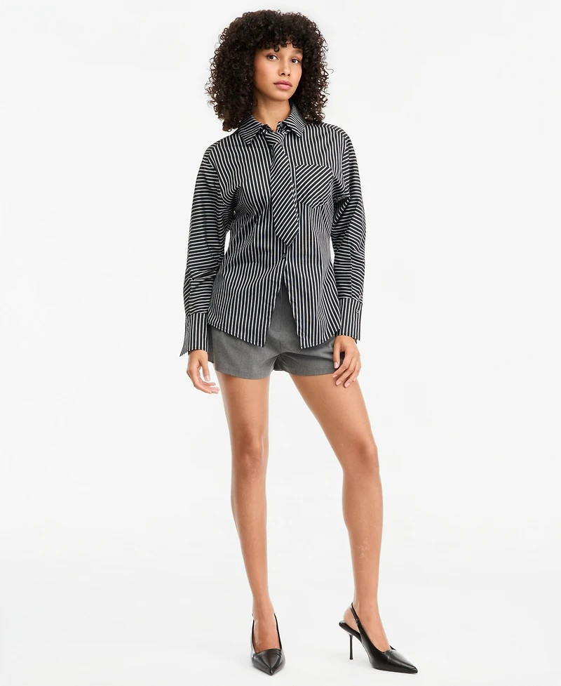 Bar Iii Women's Striped Tie-Neck Long-Sleeve Shirt, Macy's Exclusive