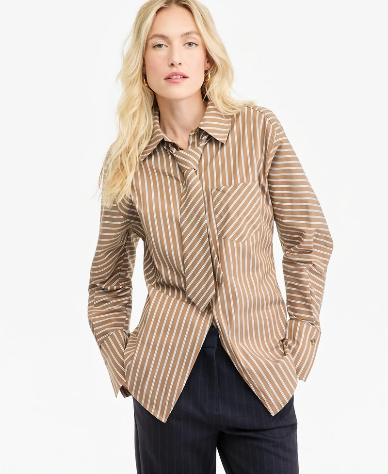 Bar Iii Women's Collared Striped Poplin Tie Shirt, Macy's Exclusive