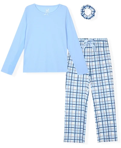 Max & Olivia Girls' 7-16 Rib Top, Milky Plaid Pants and Matching Scrunchie, 3-Piece Pajama Set