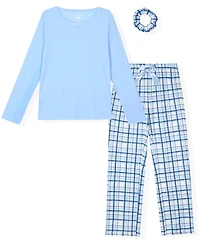 Max & Olivia Girls' 7-16 Rib Top, Milky Plaid Pants and Matching Scrunchie, 3-Piece Pajama Set