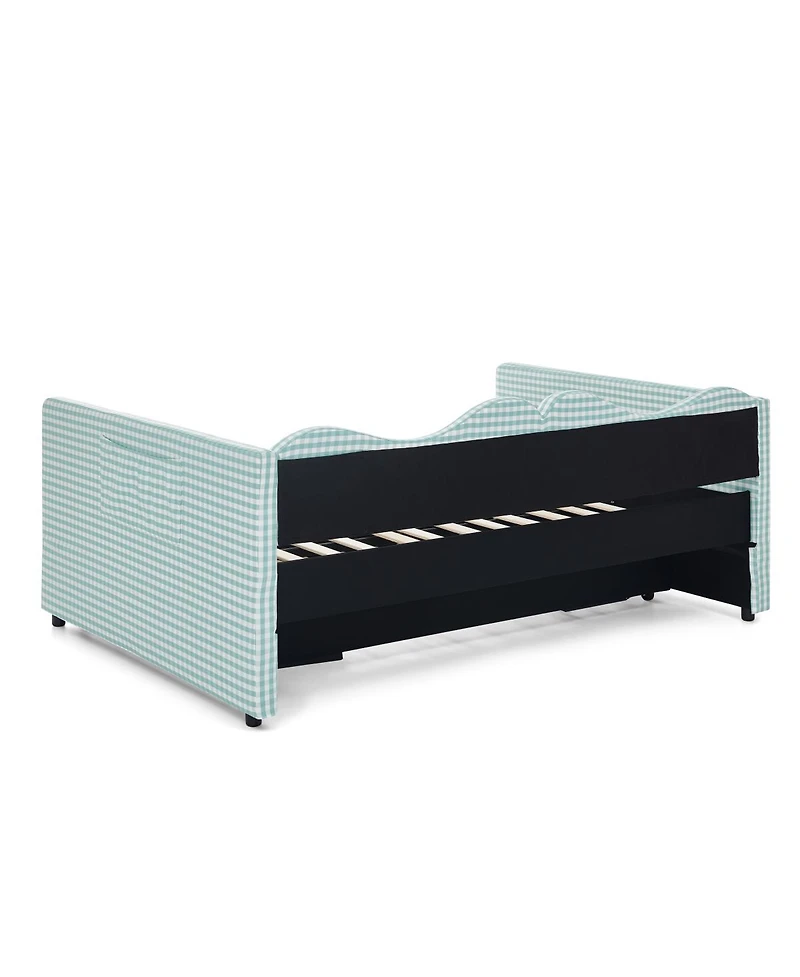 Streamdale Furniture Gingham Upholstered Full-Size Daybed with Trundle and Side Storage Pocket