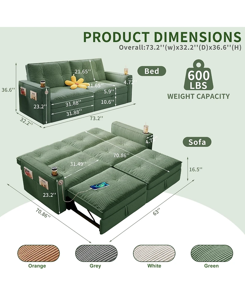 Clihome 2-in-1 Multi-Functional Sofa Bed,Made of Modern Corduroy Fabric,Suitable for Living Rooms,Bedrooms,Apartments and Small spaces
