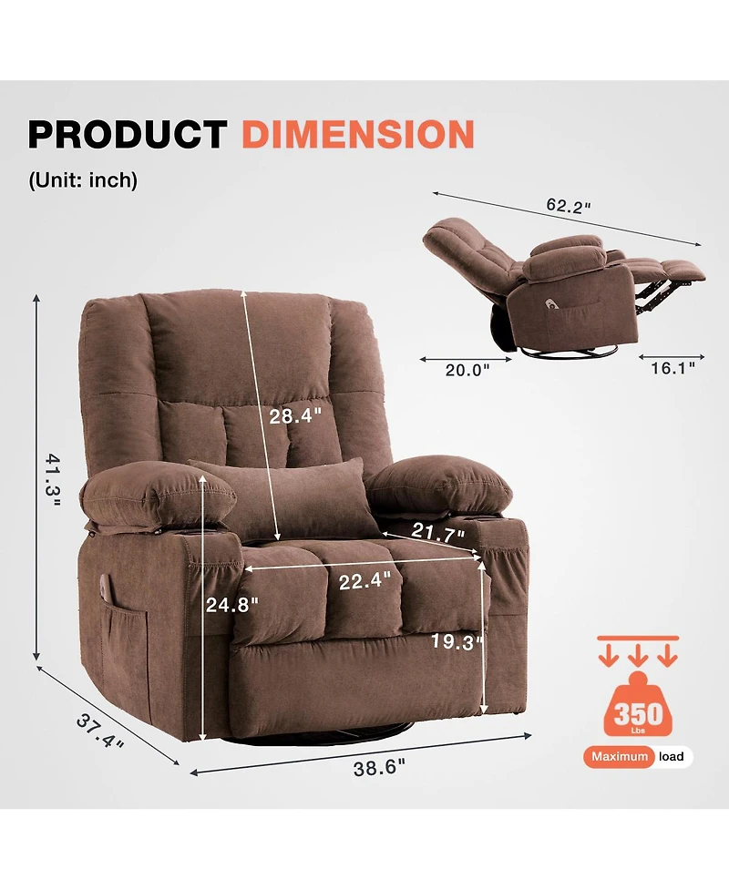 Streamdale Furniture Massage Swivel Rocker Recliner Chair with Heat, Vibration, and Usb Port