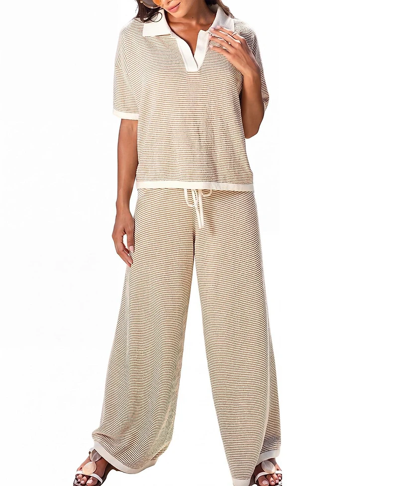 Cupshe Women's Sand Stripe Collared Knit Wide Leg Two Piece Set