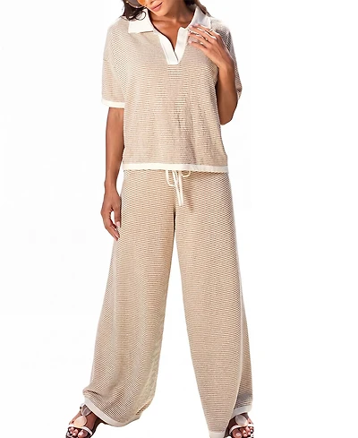 Cupshe Women's Sand Stripe Collared Knit Wide Leg Two Piece Set
