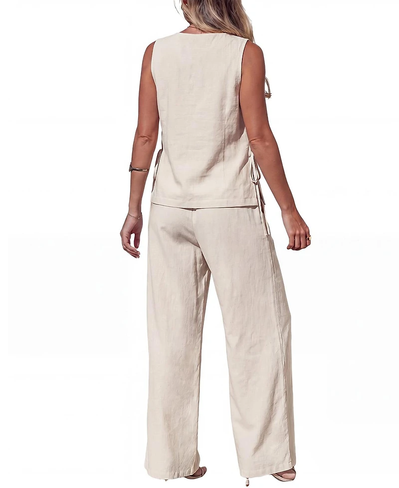 Cupshe Women's Cream Essence Sleeveless Vest Trouser Two Piece Outfit