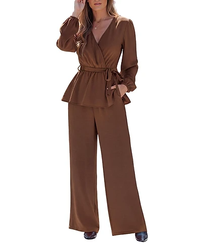 Cupshe Women's Elegant V-Neck Top and Wide-Leg Pants Matching Set