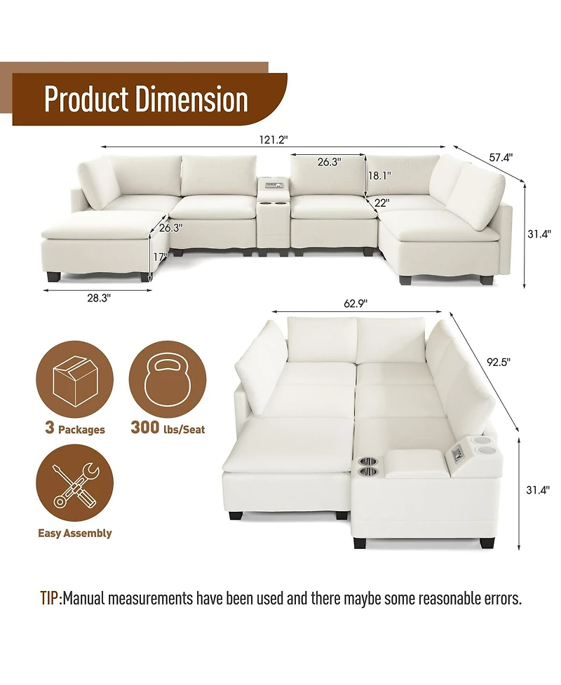 Streamdale Furniture 121.2" Modular U-Shaped Cloud Sectional Sofa with Storage, Usb and Bluetooth