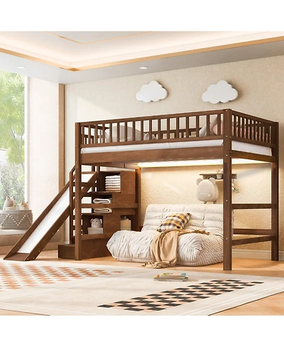 Streamdale Furniture Loft Bed with Storage Staircase, Slide and Led Light