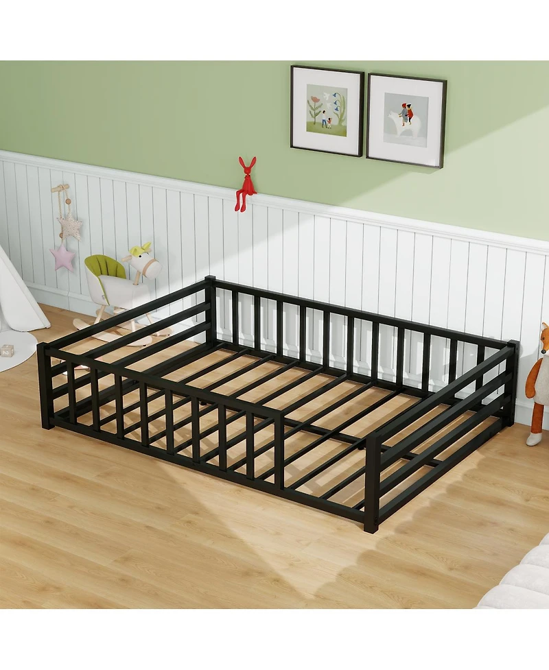 Streamdale Furniture Full Size Metal Floor Bed with Guardrails, No Box Spring Needed
