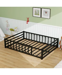 Streamdale Furniture Full Size Metal Floor Bed with Guardrails, No Box Spring Needed
