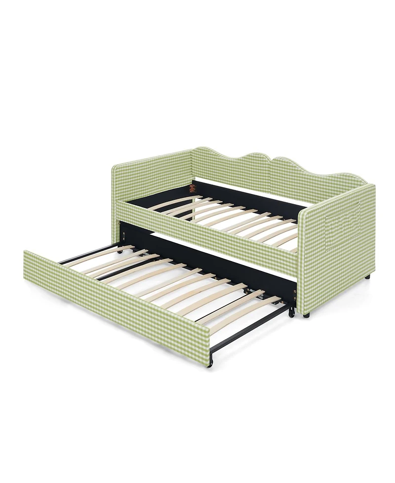 Streamdale Furniture Gingham Upholstered Twin Daybed with Trundle and Side Storage Pocket