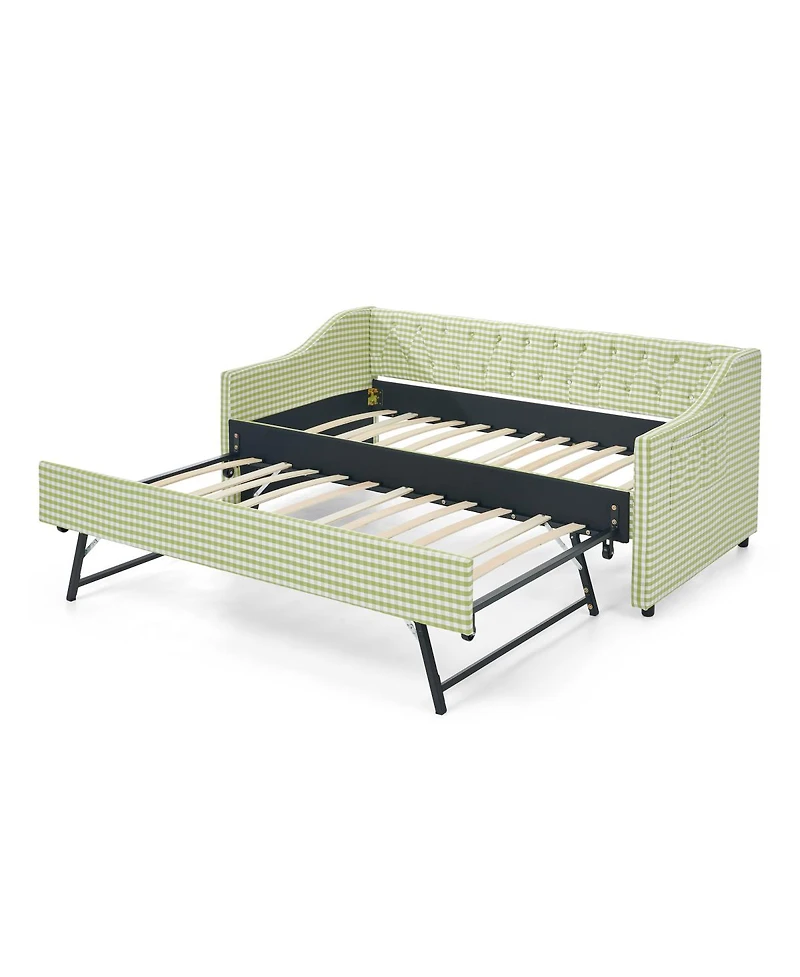 Streamdale Furniture Upholstered Twin Daybed with Trundle, Side Storage and Tufted Backrest