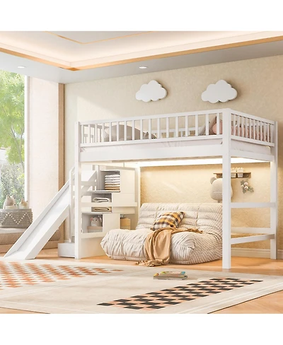 Streamdale Furniture Full Size Loft Bed with Storage Staircase, Slide and Led Light