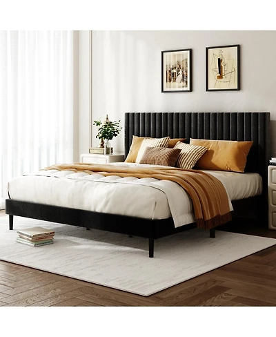 Streamdale Furniture King Size Velvet Upholstered Platform Bed with Adjustable Headboard