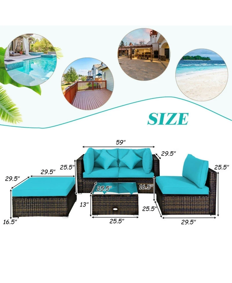 Sugift 5 Piece Outdoor Patio Rattan Sectional Conversation Furniture Set with Cushions