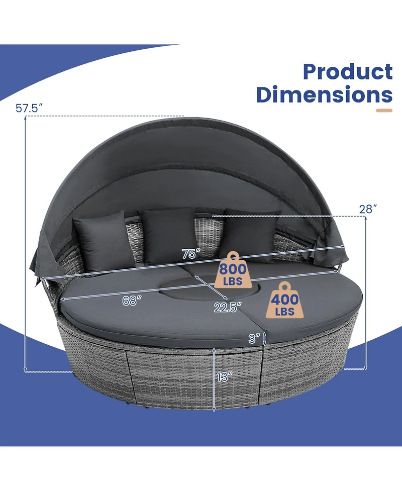 Sugift Outdoor Pe Wicker Round Daybed with Retractable Canopy Cushions and Lift Table