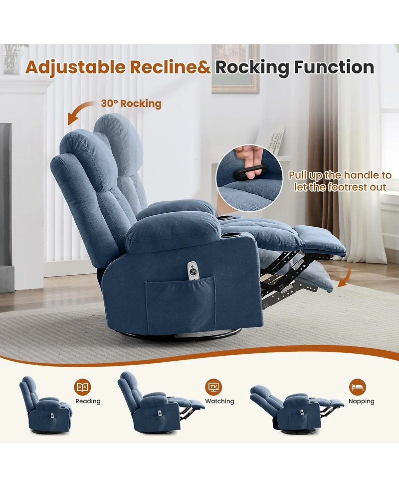 Streamdale Furniture Swivel Rocker Recliner with Massage, Heat, Usb Port, and Cup Holders