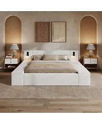Streamdale Furniture King Size Teddy Fleece Platform Bed with Hidden Storage, Nightstands and Led Lights
