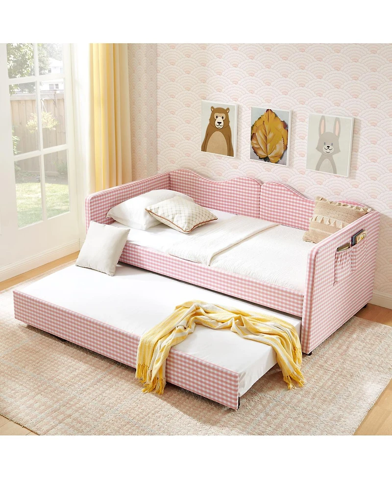 Streamdale Furniture Gingham Upholstered Twin Daybed with Trundle and Side Storage