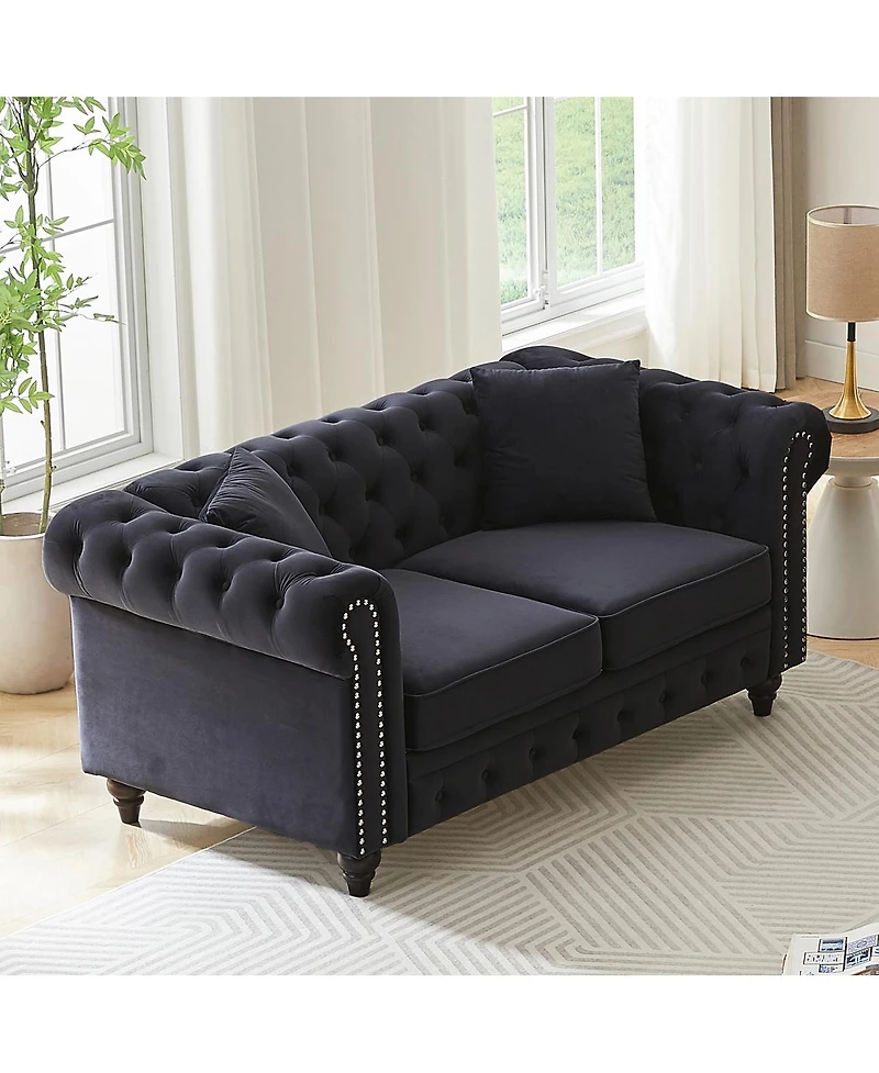 Streamdale Furniture 63.5" Modern Velvet Chesterfield Sofa with Button Tufting and 2 Pillows