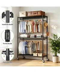 Streamdale Furniture Heavy Duty 3-Tier Rolling Garment Rack with Double Rods and Side Hooks