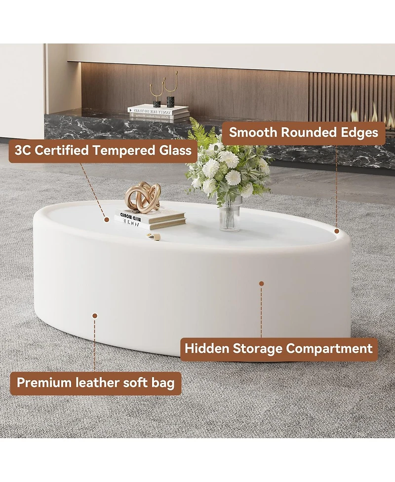 Streamdale Furniture 33.46" Oval Hidden Storage Coffee Table with Tempered Glass and Leather Top