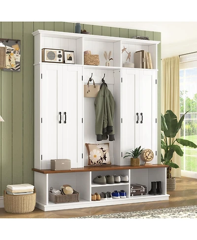 Streamdale Furniture 62.2''W Farmhouse Hall Tree with Bench, Storage Cubbies, Hooks and Cabinets
