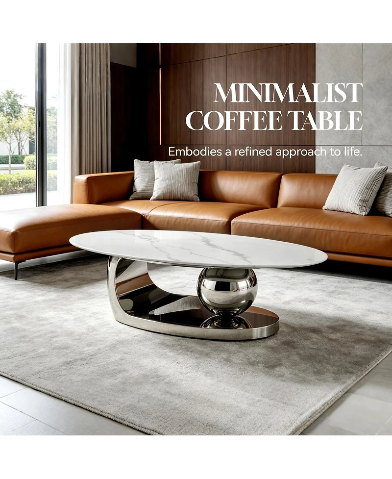 Streamdale Furniture 51.2" Oval Faux Marble Coffee Table with Silver Stainless Steel Base