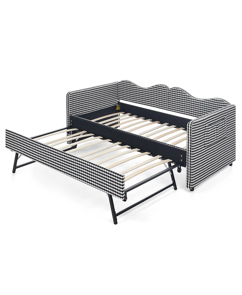 Streamdale Furniture Gingham Upholstered Twin Daybed with Trundle and Side Storage Pocket