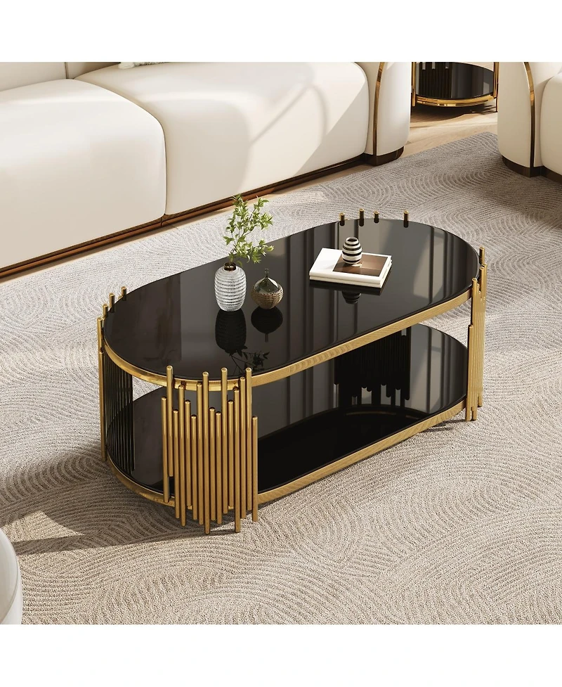 Streamdale Furniture Luxury Gold and Black Glass Oval Coffee Table with Organ Pipe Design