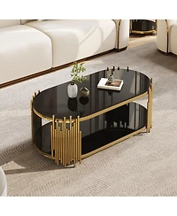 Streamdale Furniture Luxury Gold and Black Glass Oval Coffee Table with Organ Pipe Design