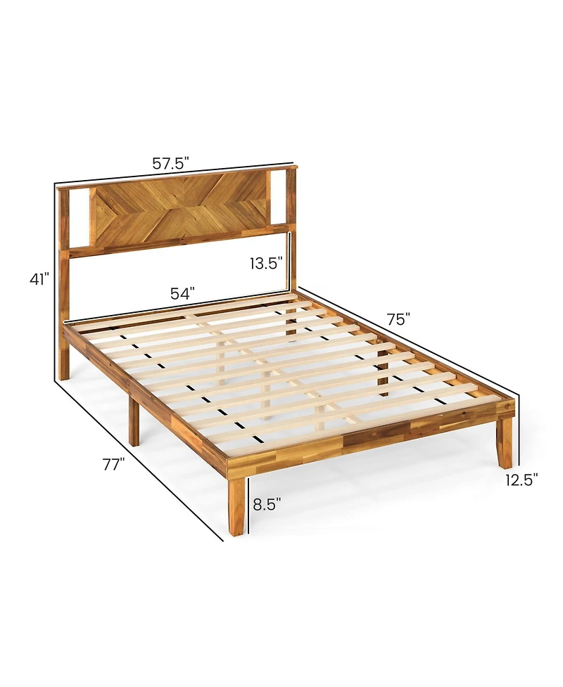 Sugift Full Size Bed Frame Mid-Century Acacia Wood Platform Bed with Headboard