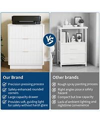 homfan Set of 2 Fluted Nightstands Wooden Night Stand with Charging Station and Led Light, 3-Drawer Bedside Table for Bedroom