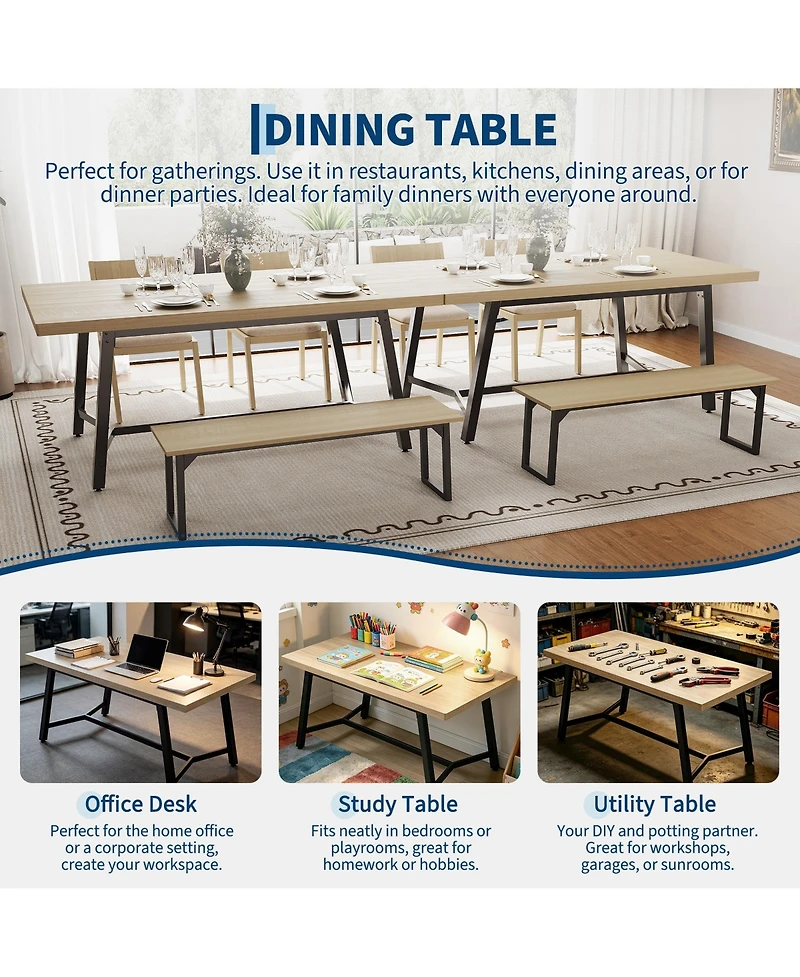gaomon 71" Wood Dining Table for 6-8 People, Rectangular Kitchen with Metal Legs, Curved Edges and Recessed Footrest Room