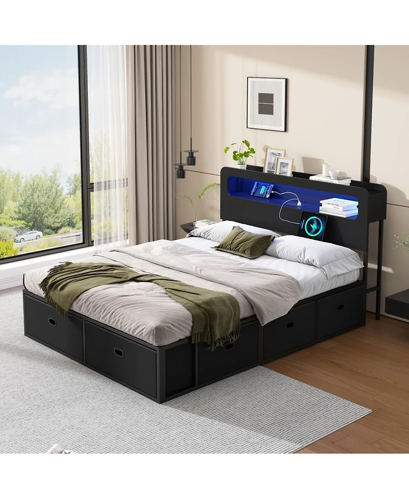 Streamdale Furniture Full Size Bed Frame with Led Headboard, Charging Station and 8 Storage Drawers