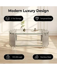 Streamdale Furniture Luxury Silver 2-Tier Oval Glass Coffee Table with Stainless Steel Frame