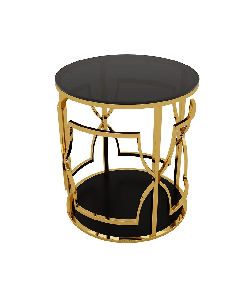 Streamdale Furniture 19.7" Luxury Gold Round Side Table with Tempered Glass Top and Storage Shelf