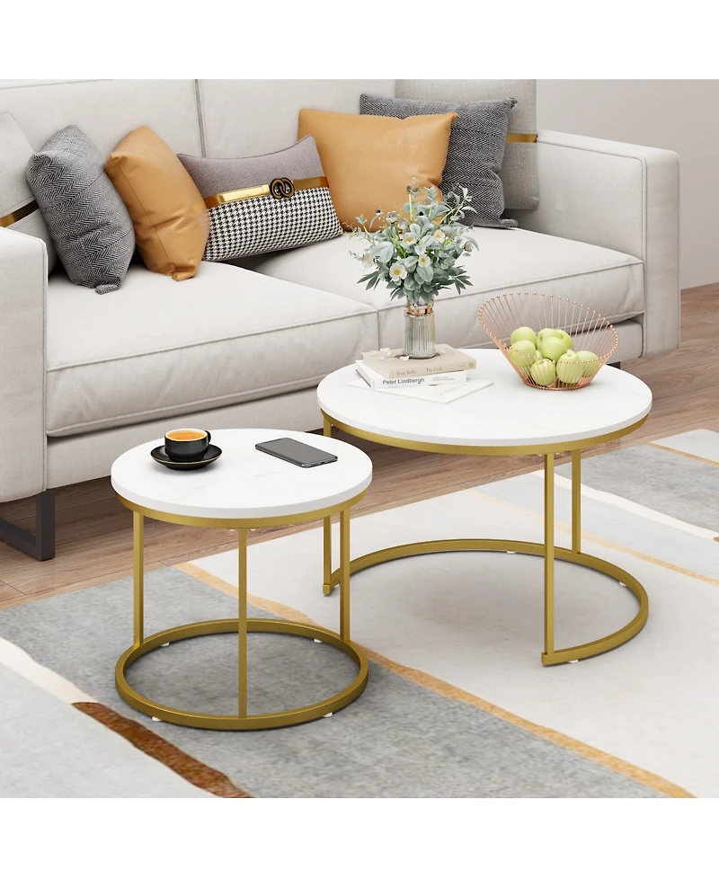 Streamdale Furniture 27.6in Round Nesting Coffee Table Set of 2, Wood Marble Top with Metal Frame
