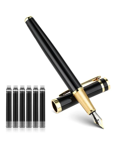 Danrong Luxury Metal Fountain Pen Set 0.5mm Fine Nib 6 Black Ink Cartridges Smooth Writing Gift for Business Office Journaling